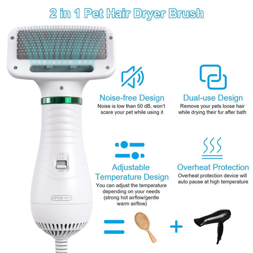 2-in-1 Dog Hair Dryer & Grooming Brush — Quiet Low-Noise Coat Dryer